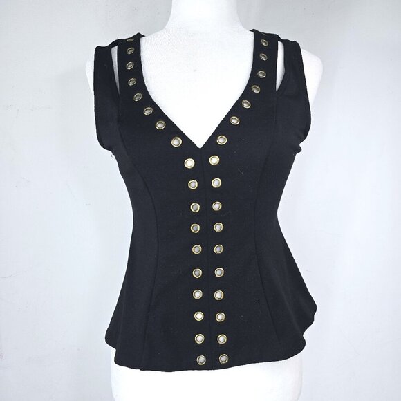 Guess Black Gold Rivet Studded V Neck Sleeveless Peplum Top ModWife Whimsigoth - Picture 1 of 8